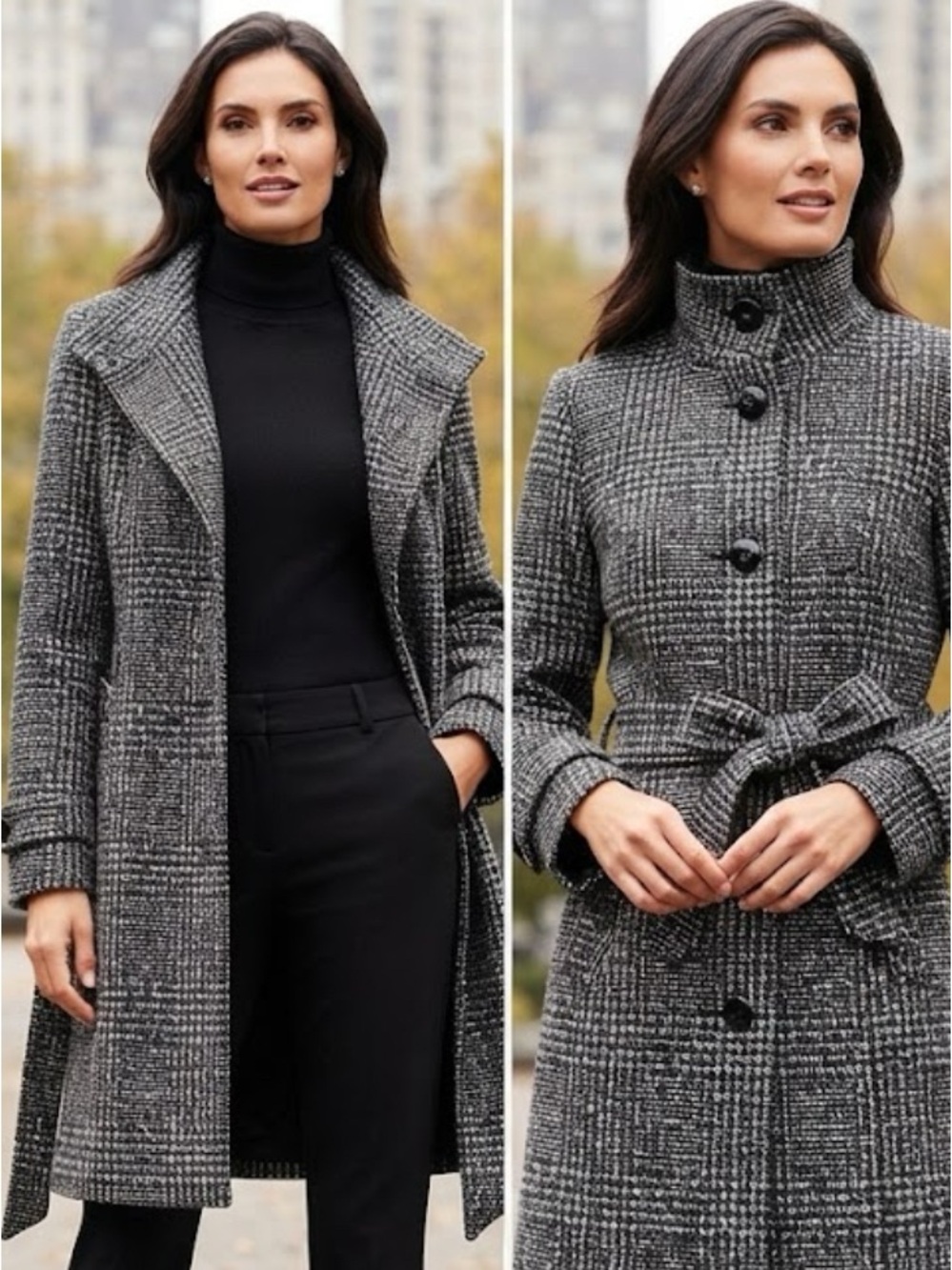 Cleo Petites - Black and White Gen Plaid Belted Wool Trench Fall /Winter Coat